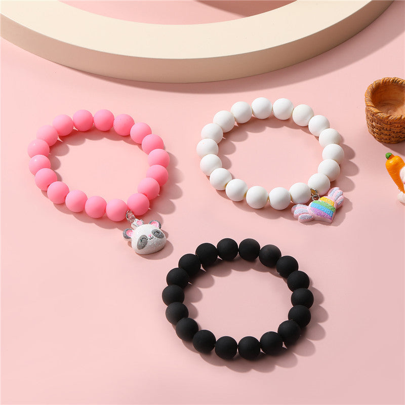 Pulsera de cuentas acrílicas con forma de corazón y panda de estilo de dibujos animados para niñas con colgante de resina, joyería infantil hecha a mano