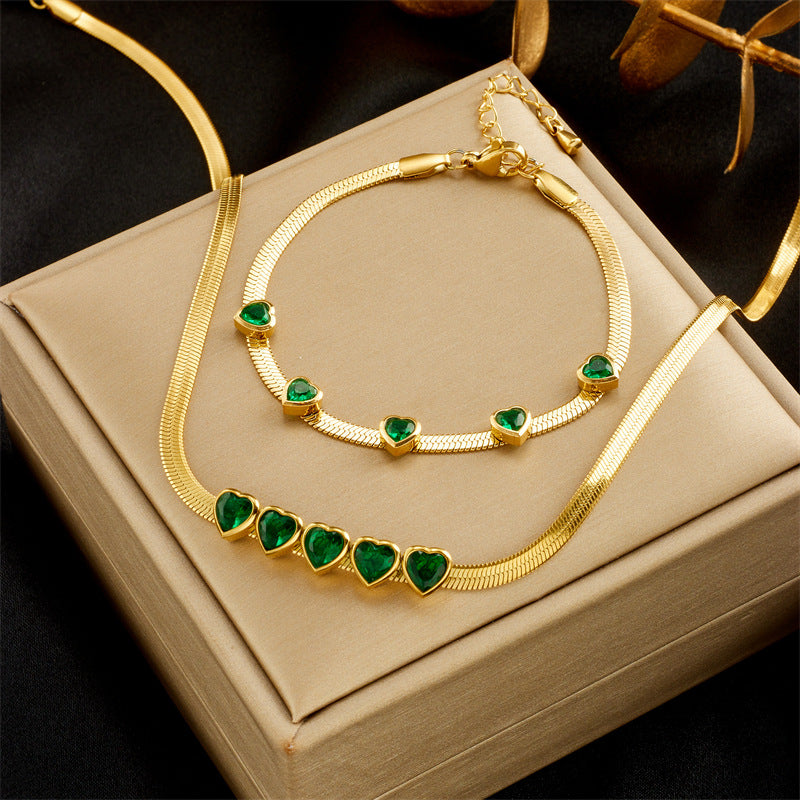 Minimalist Luxe Titanium Steel Heart-Shaped Pendant Necklace and Bracelet Set with Rhinestone Inlay and Snake Chain