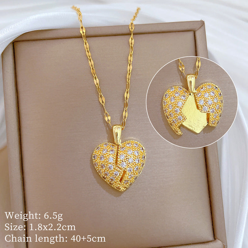 Sweet Minimalist Heart Geometric Rhinestone Plated Titanium Steel Necklace for Unisex