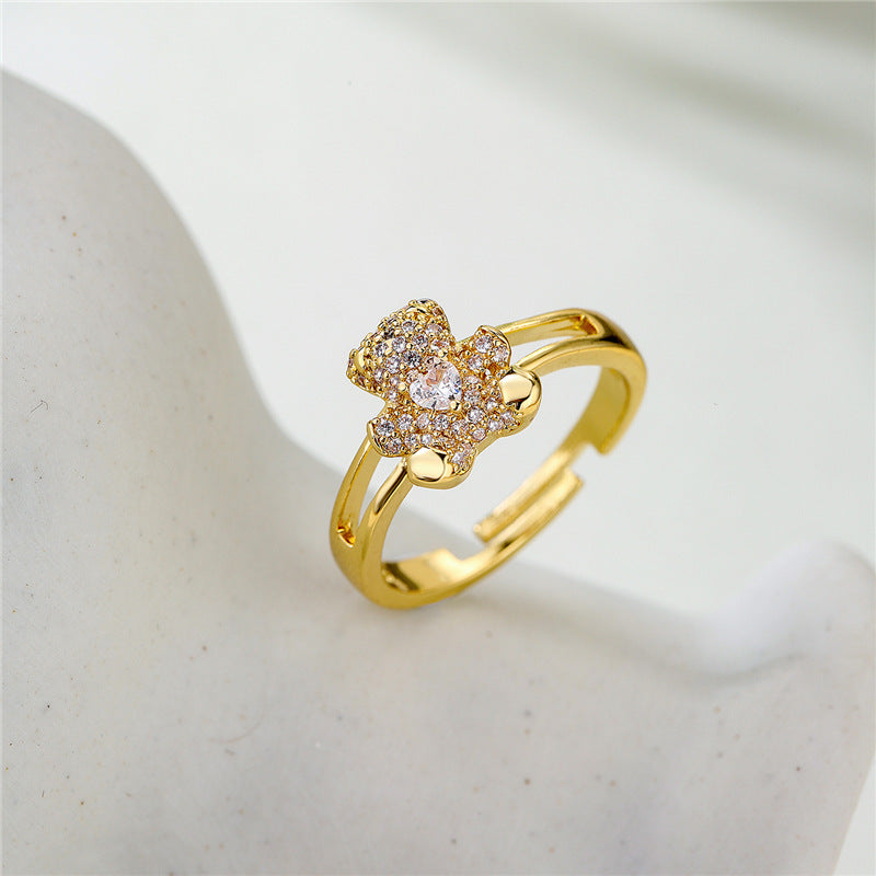 18K Gold Plated Brass Micro-Inlaid Cubic Zirconia Bear Ring Adjustable Open Design for Women