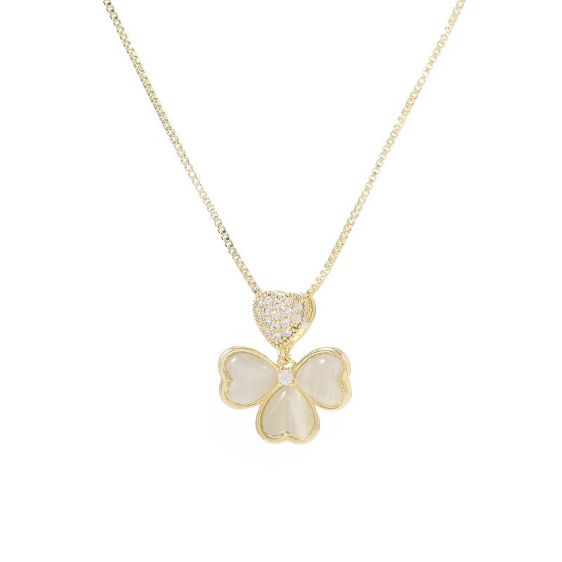 Gold Plated Micro-set Cubic Zirconia Cat's Eye Heart Titanium Steel Collarbone Necklace