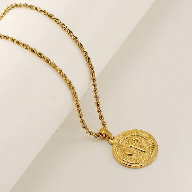 Vintage 18K Gold Plated Round Zodiac Pendant Titanium Steel Rope Chain Necklace Unisex