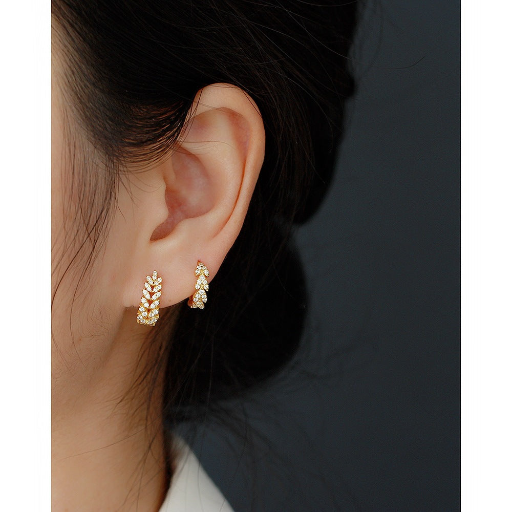 Sweet Minimalist 925 Sterling Silver Wheat Plant Rhinestone Inlay Hoop Earrings for Women