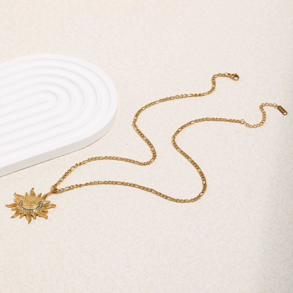 Minimalist Geometric Sun Pendant Necklace in Stainless Steel with 18K Gold Plating on Figaro Chain for Women