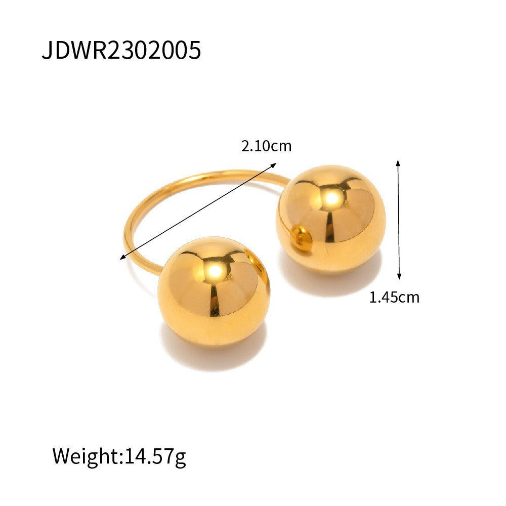 Ins Style Geometric Stainless Steel Plated Double Ball Open Ring for Women