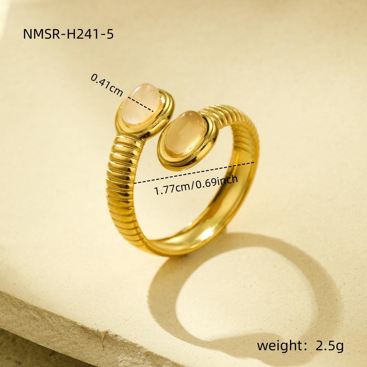 Anillo ovalado minimalista de acero de titanio con incrustaciones de piedra natural y acabado chapado para mujer