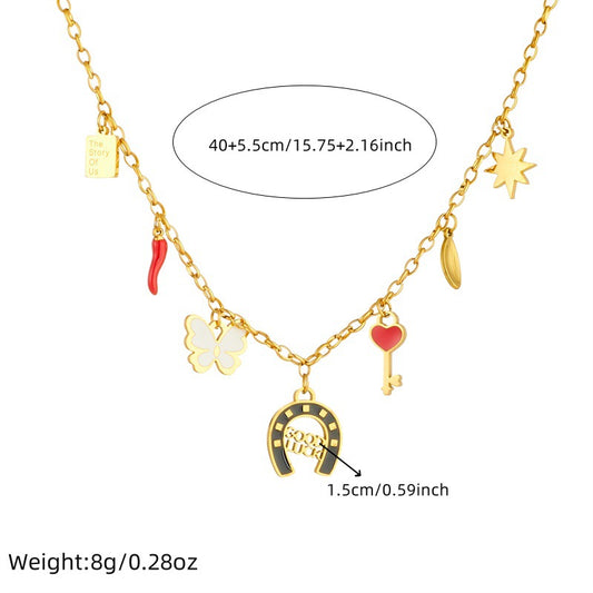 Sweet Cartoon Round Hollow Drip Oil Elephant Pendant Stainless Steel Necklace for Women