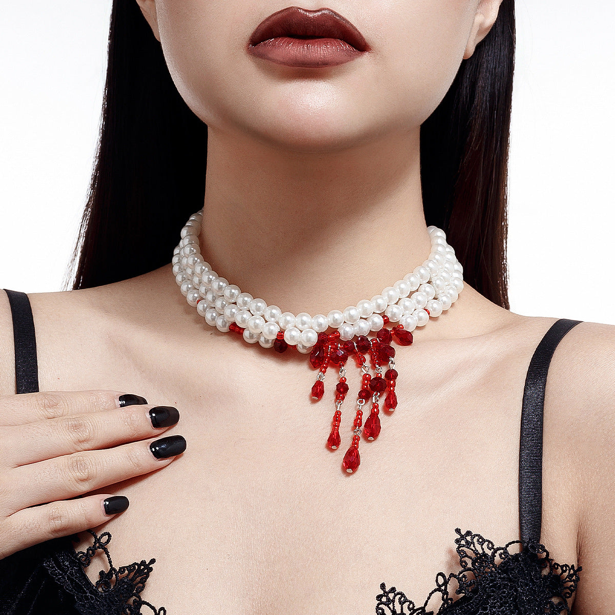 Gothic Geometric Teardrop Crystal Pendant Imitation Pearl Ball Chain Choker Necklace with Tassel for Women
