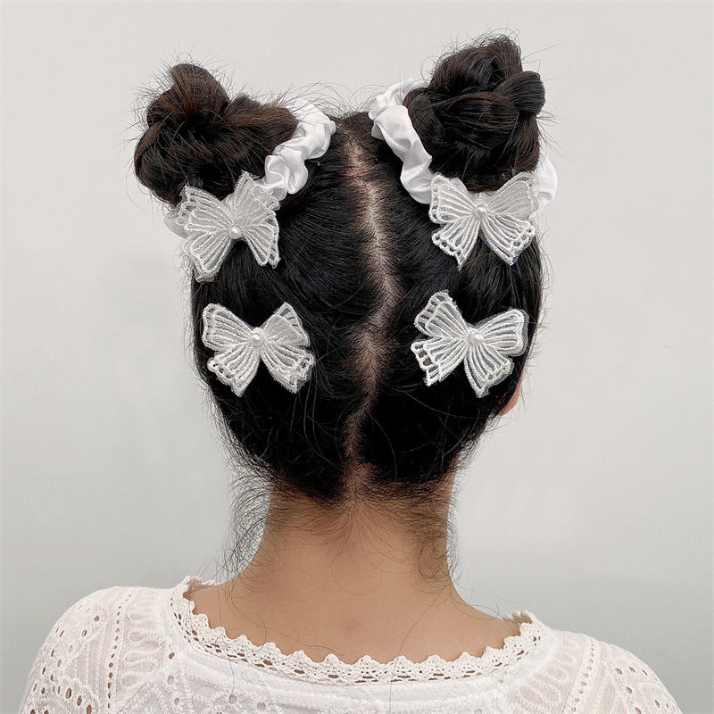 Set di Accessori per Capelli a Fiocco Minimalista per Bambini con Organza Ricamata e Dettagli in Strass