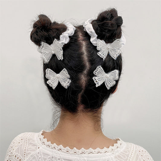 Conjunto de accesorios minimalistas para el cabello en forma de lazo para niñas con organza bordada y detalles de diamantes de imitación
