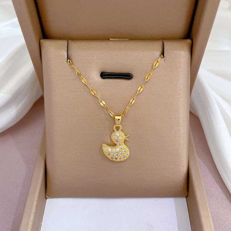 Luxury Titanium Steel Rhinestone-Detailed Geometric Duck Pendant Necklace for Unisex, Adjustable Length 21-50 cm, Fresh and Sweet Style