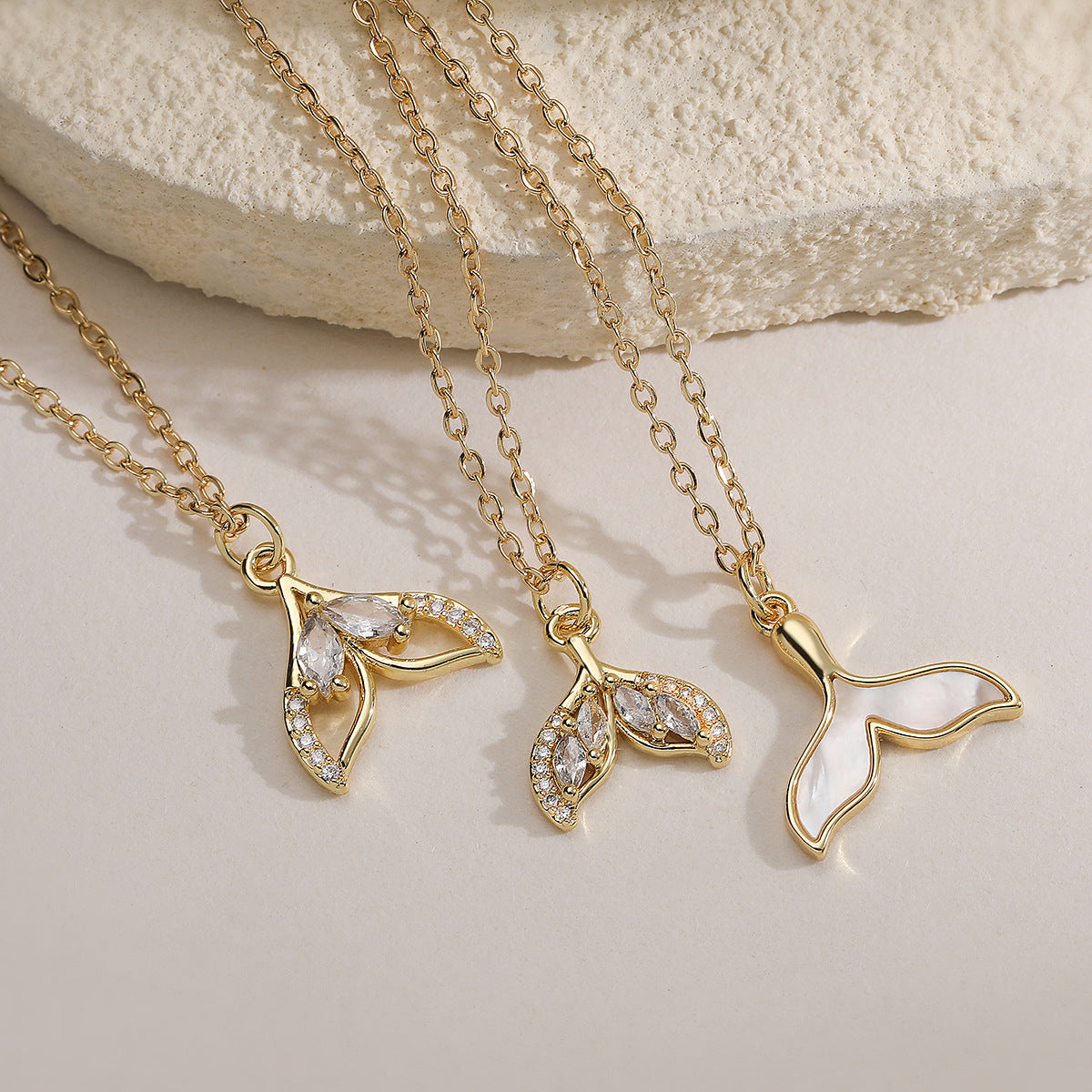 Minimalist 18K Gold Plated Brass Geometric Fish Tail Pendant Necklace with Cubic Zirconia for Women