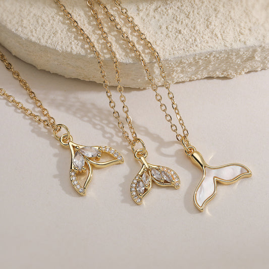Minimalist 18K Gold Plated Brass Geometric Fish Tail Pendant Necklace with Cubic Zirconia for Women