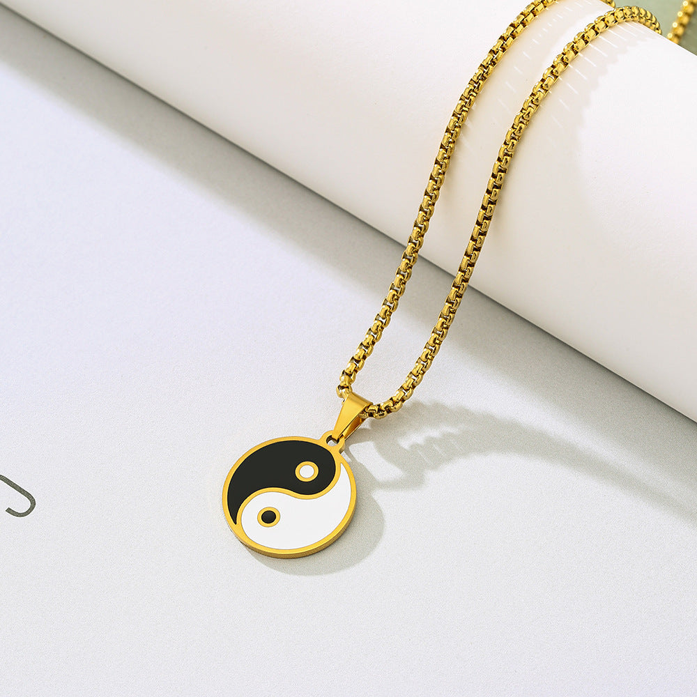 Collana pendente geometrica stile cinese Yin Yang in acciaio inossidabile con finitura smaltata per unisex, collana con catena di perle