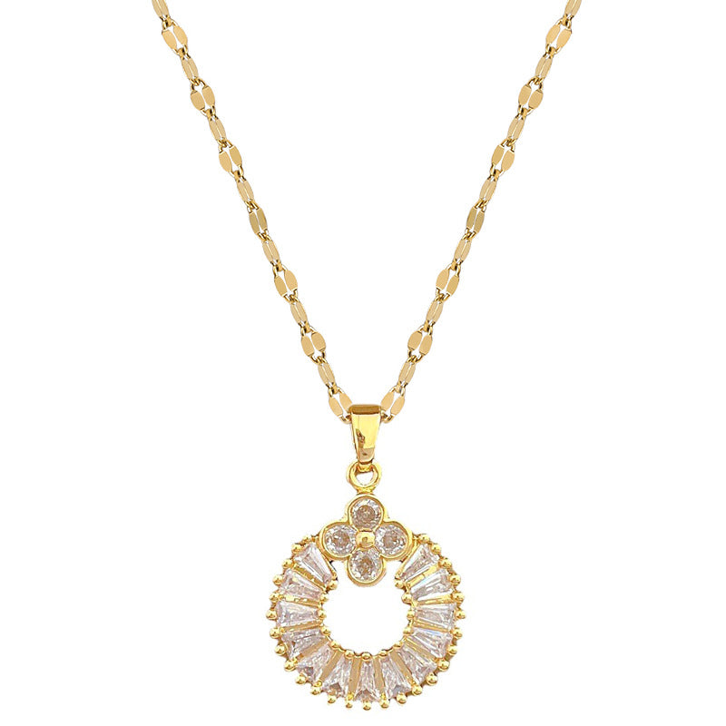 Minimalist Sweet Geometric Clover Micro-set Cubic Zirconia Titanium Steel Necklace and Earring Set for Women