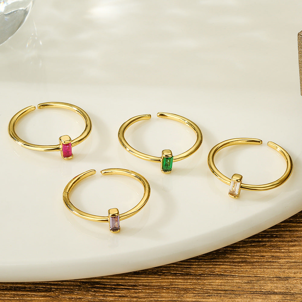 Minimalist French-Style Geometric Copper Ring with Real Gold Plating and Zircon Inlay for Women Adjustable Stackable Band