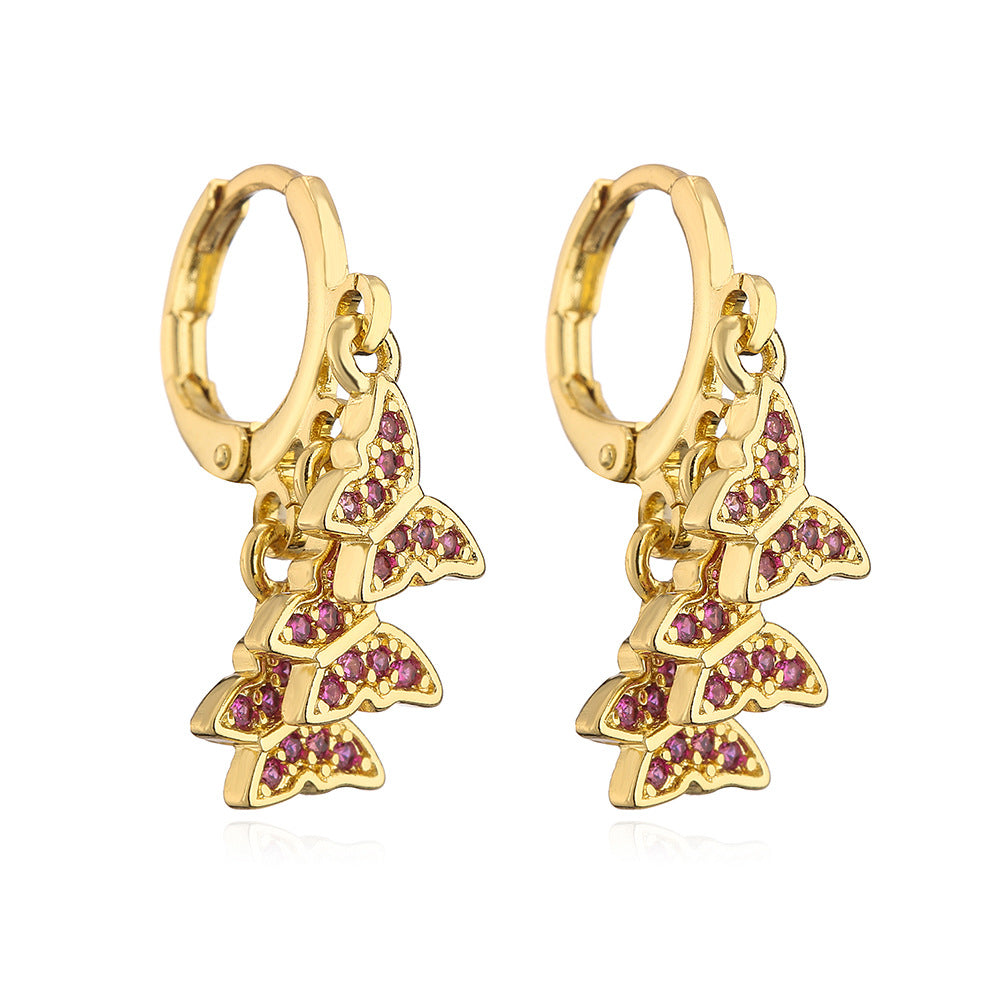 Minimalist Butterfly-Shaped Copper Earrings with 18K Gold Plating and Micro-Paved Zirconia for Women
