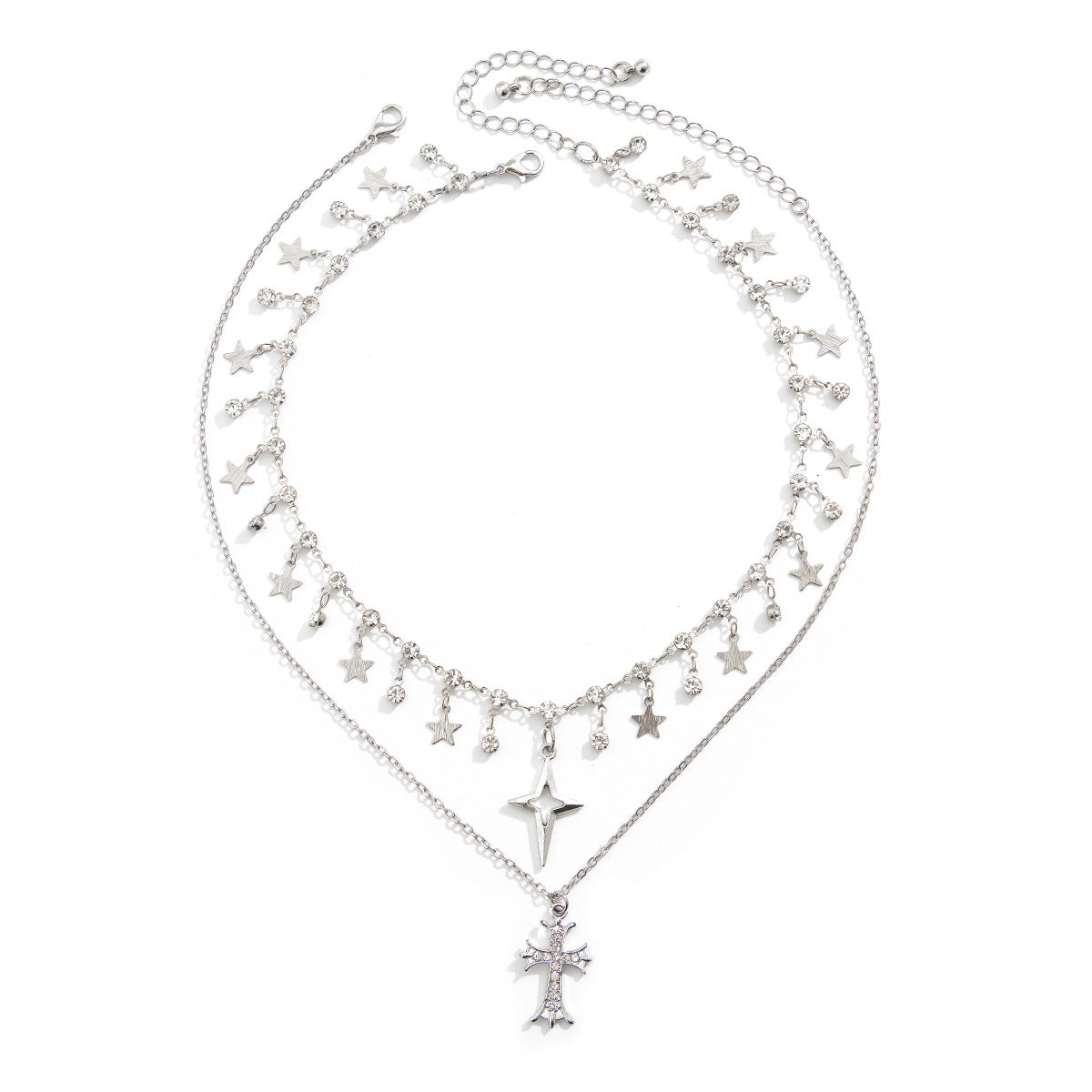 Collana girocollo da donna con croce a forma di stella, dolce e grintosa, con strass e nappe, in lega placcata