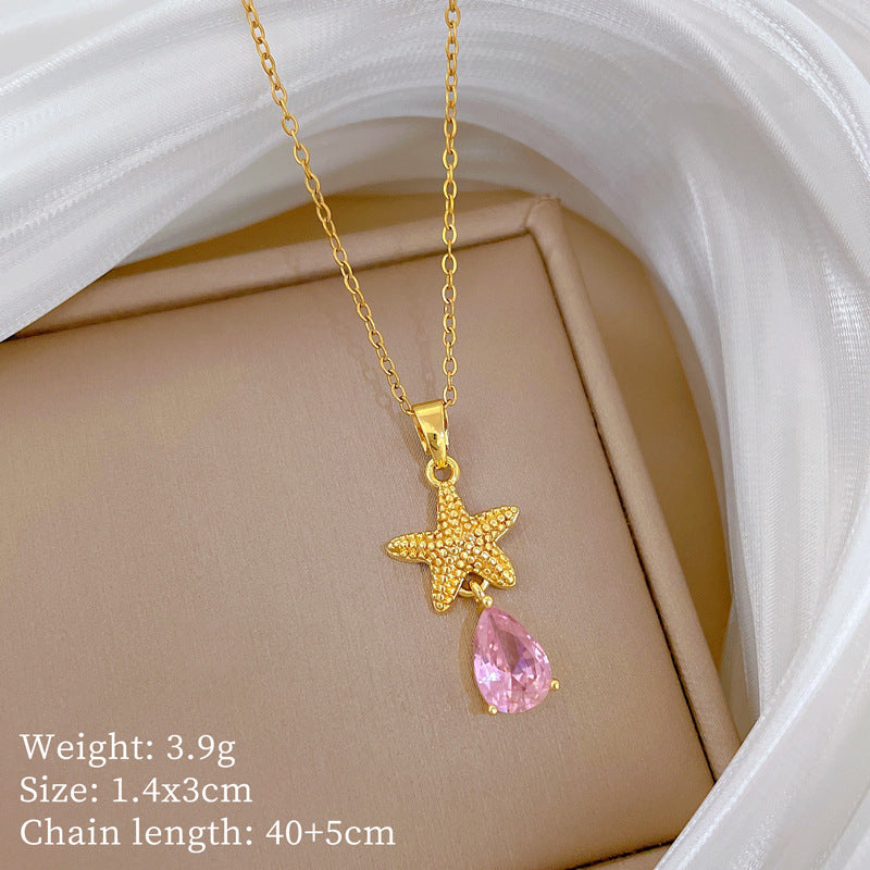 Sweet Minimalist Teardrop Star Rhinestone Titanium Steel Necklace for Unisex