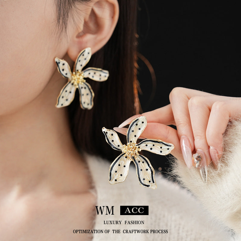 Vintage Floral Polka Dot Enamel Dangle Earrings in Alloy with Stainless Steel Posts for Women