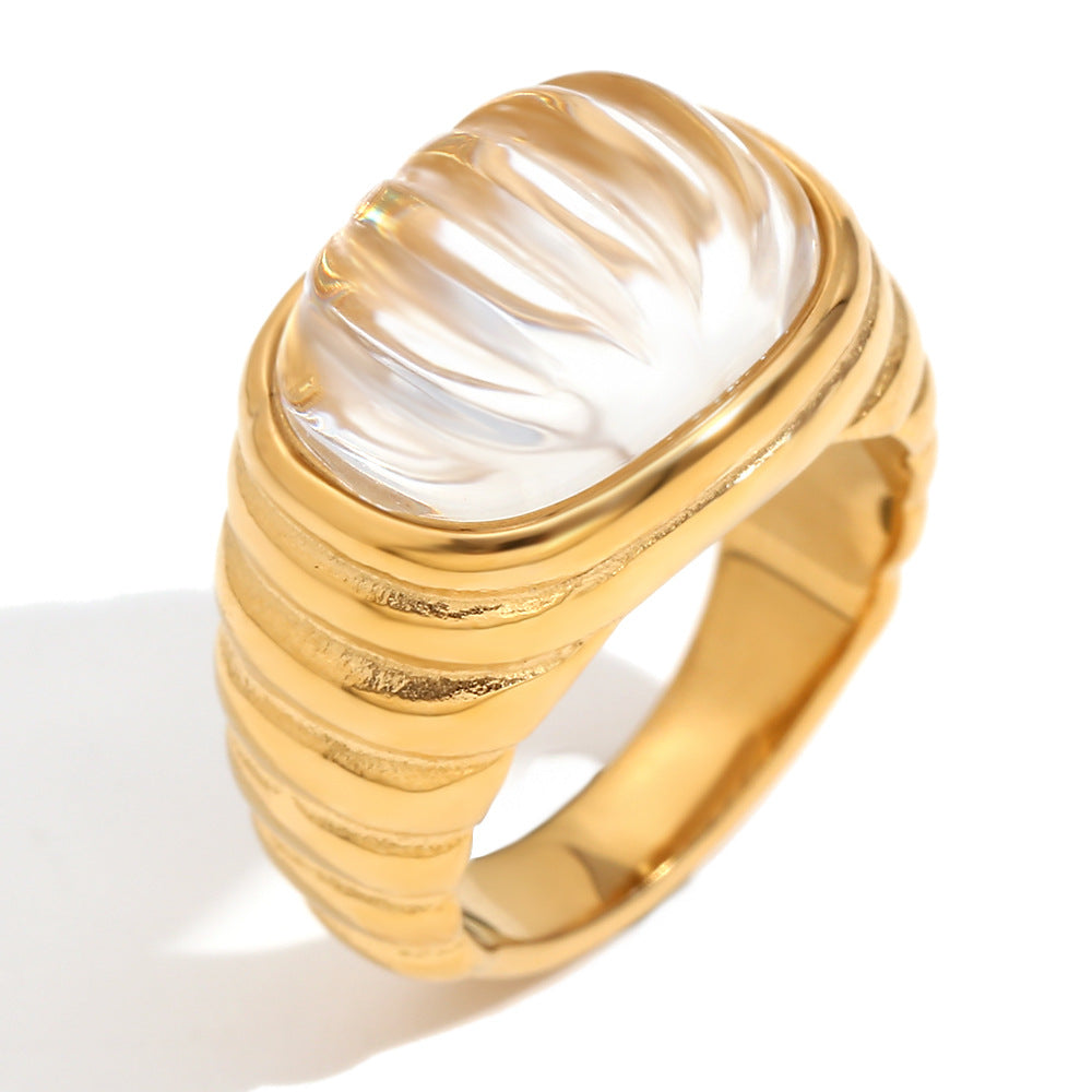 Vintage Elegant 18K Gold Plated Stainless Steel Oval Floral Geometric Ring for Women