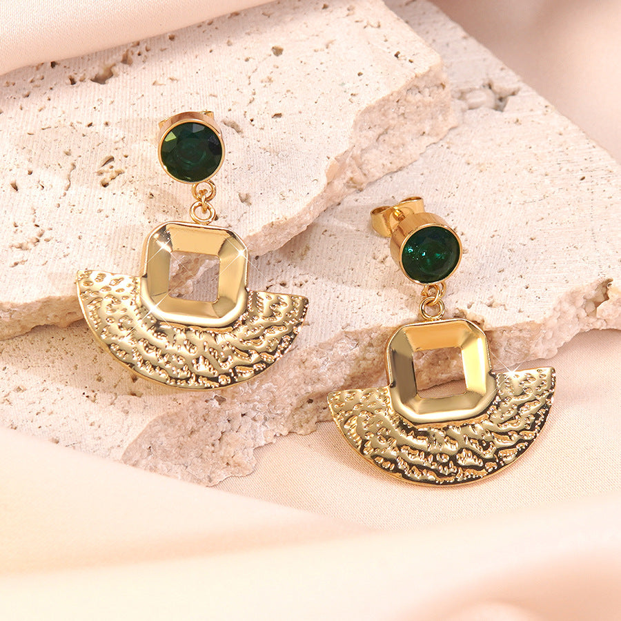 Vintage Geometric Fan-Shaped Textured Plated Stainless Steel Earrings for Women