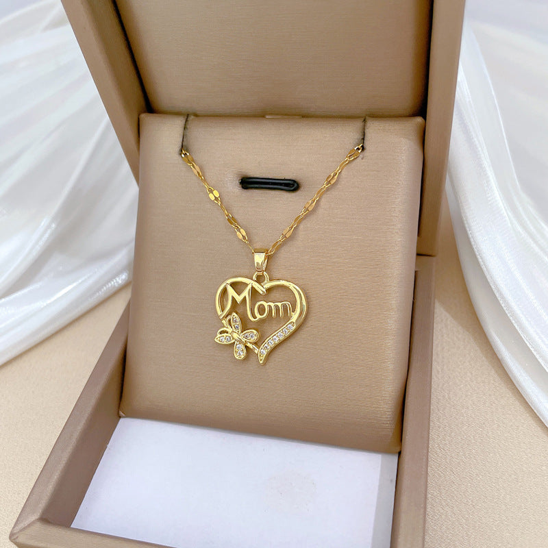 Minimalist Heart and Butterfly Pendant Necklace in Titanium Steel with Rhinestone Inlay for Women and Unisex Wear