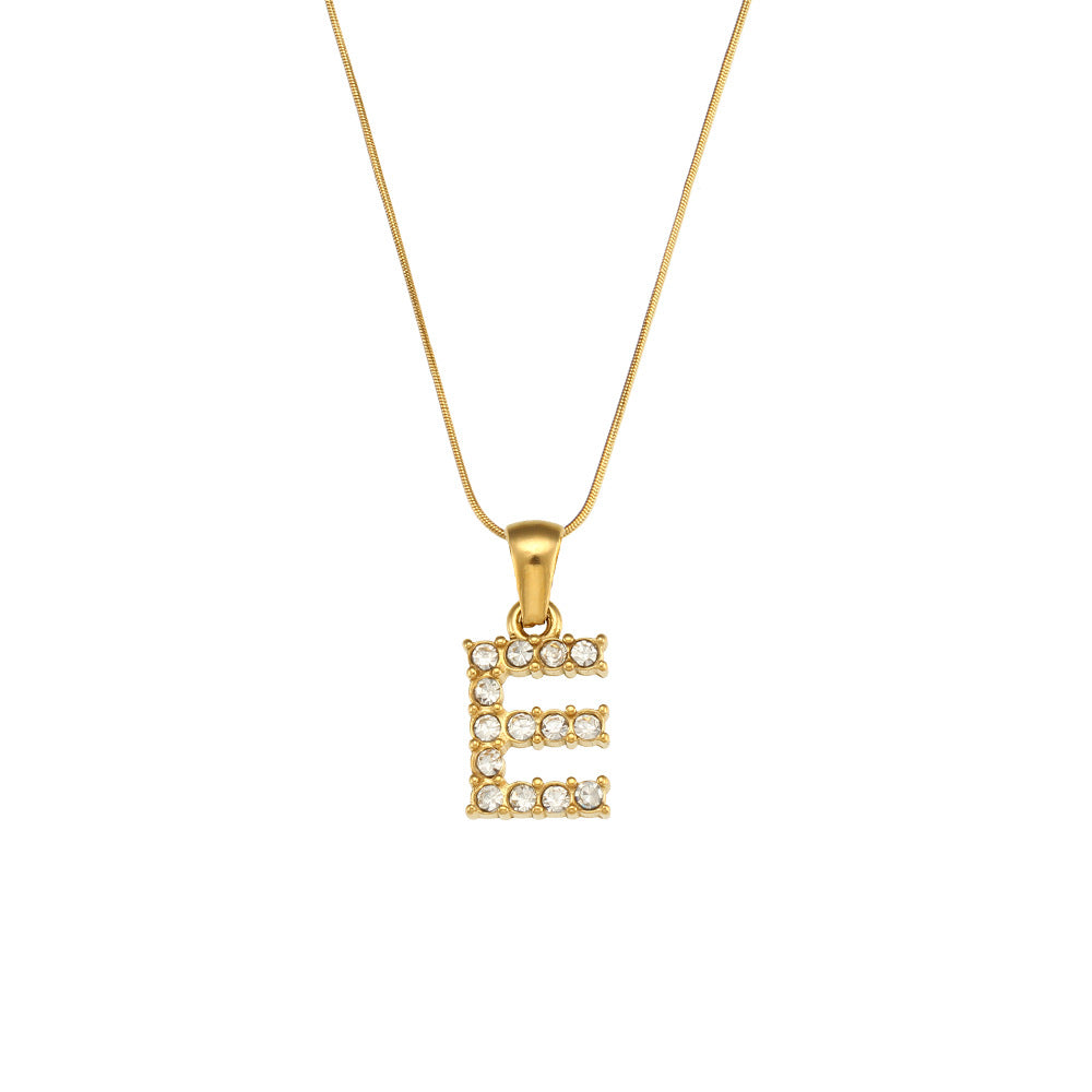 Fashion Minimalist Letter Pendant Necklace in Stainless Steel with 18K Gold Plating and Cubic Zirconia on Thin Snake Chain for Women