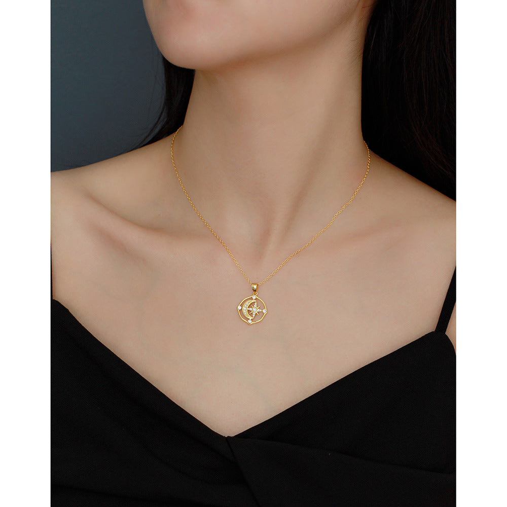 Minimalist 925 Sterling Silver Moon Star Cubic Zirconia Necklace Geometric Pendant Cable Chain for Women