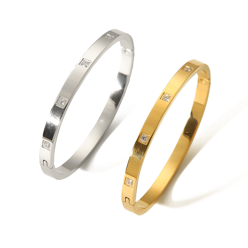 Minimalist Square Geometric Stainless Steel Cuff Bracelet with White Zircon Inlay for Women