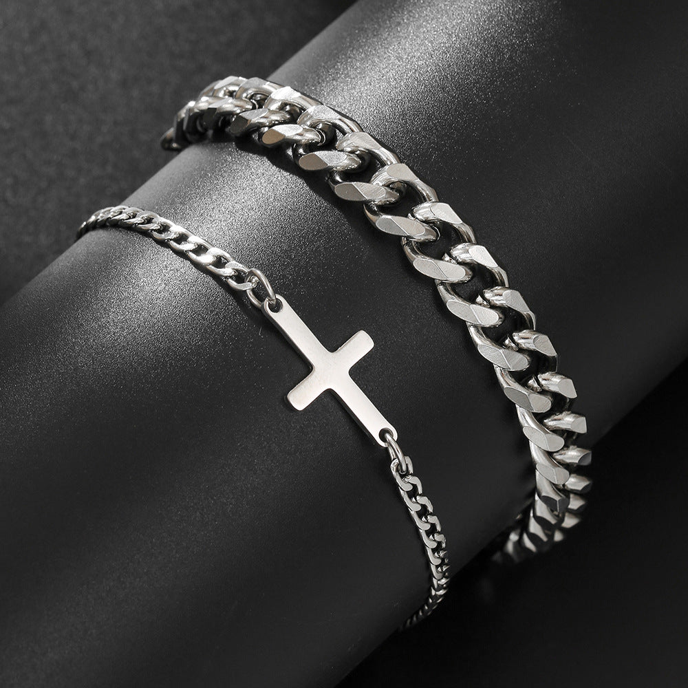 Streetwear Hip-hop Stainless Steel Cuban Link Chain Cross Geometric Bracelet Set for Unisex