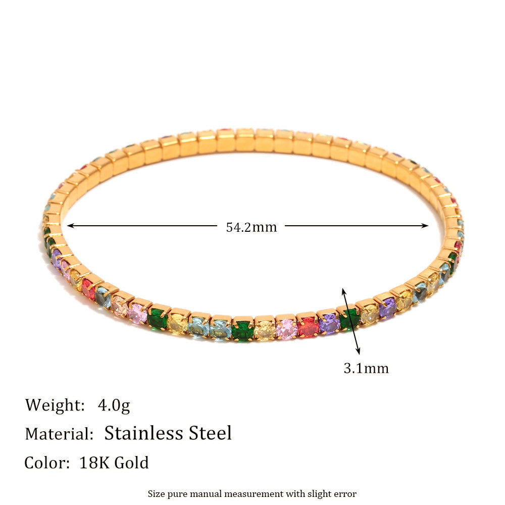 Fashionable Minimalist Geometric Stainless Steel Plated 18K Gold Elastic Bracelet with Colorful Zircon for Women