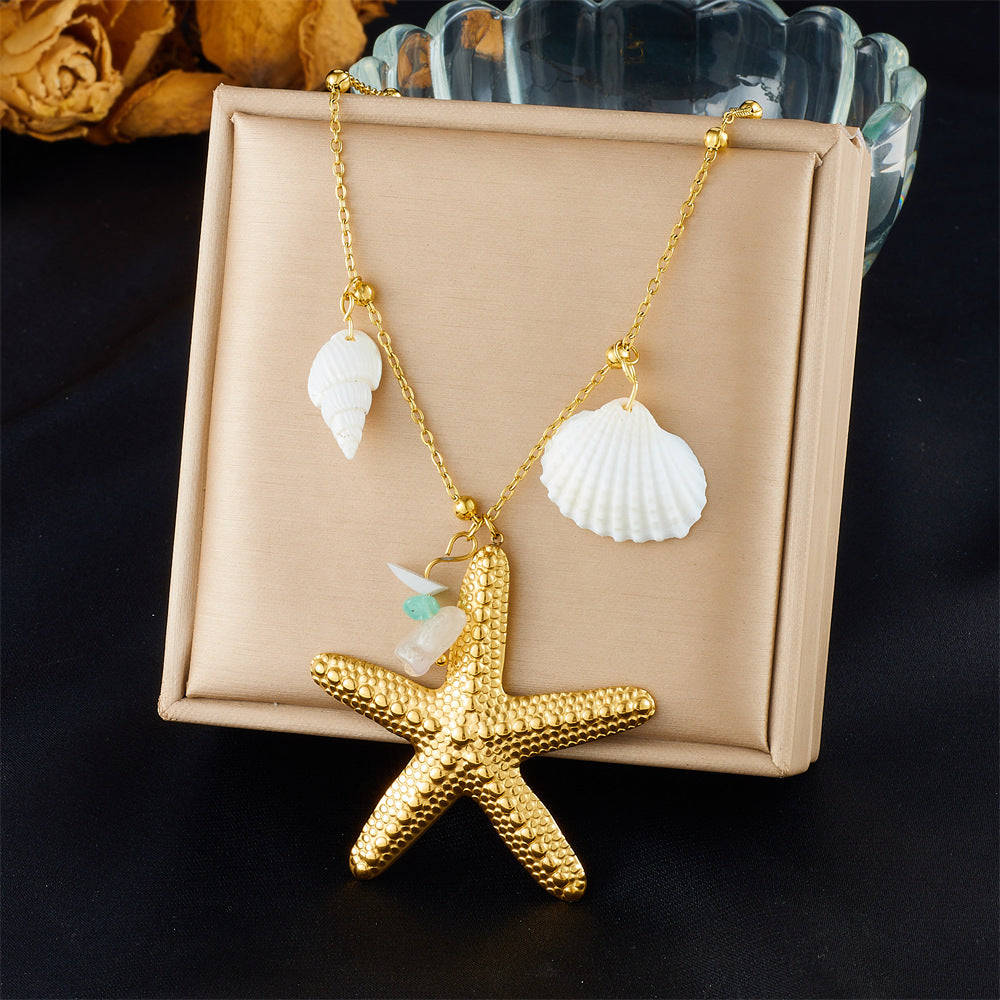 Stainless Steel Plated Star and Shell Pendant Necklace with Cable Chain for Women