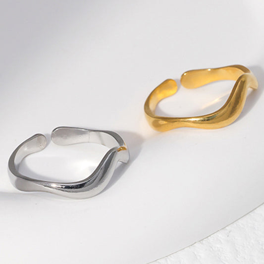 Minimalist Wave-Shaped Titanium Steel Open Ring for Women with Plated Finish and Geometric Line Design