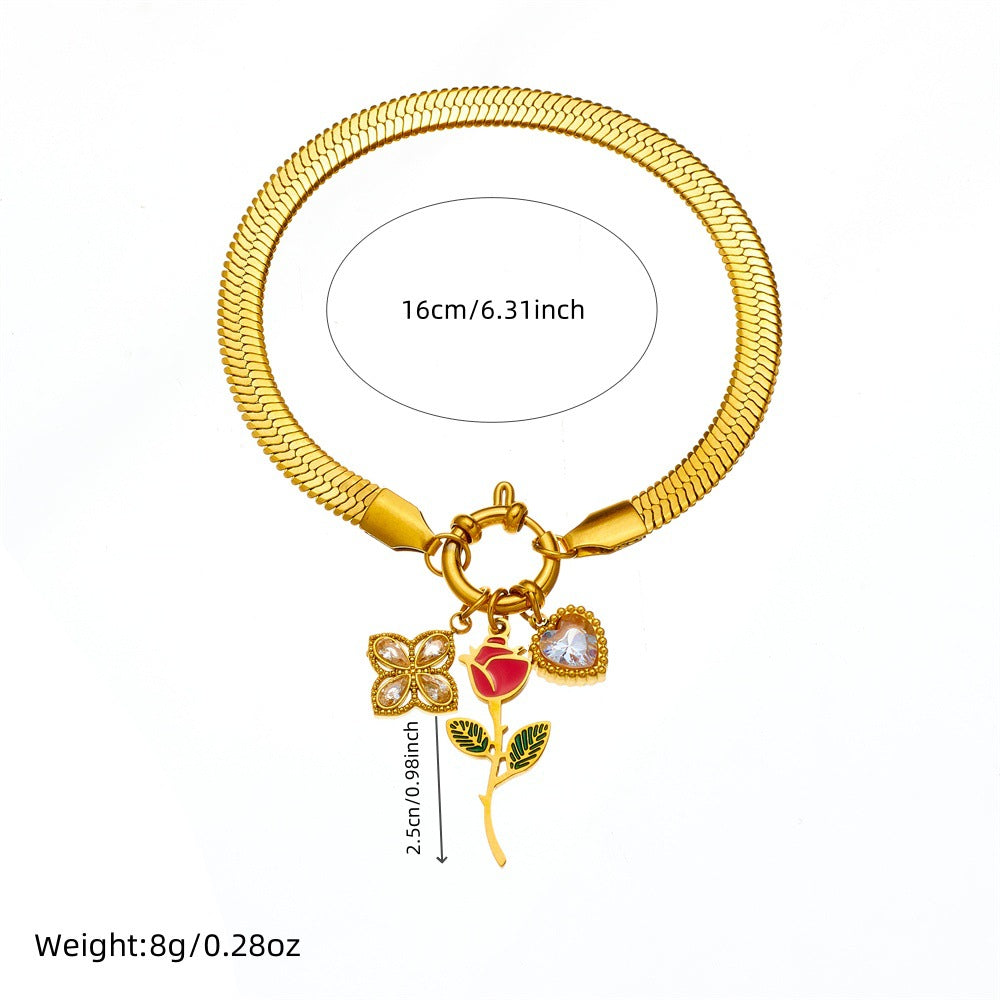 Fashionable Floral Rose Gold-Plated Stainless Steel Heart-Shaped Four-Petal Rose Pendant Snake Chain Bracelet for Women