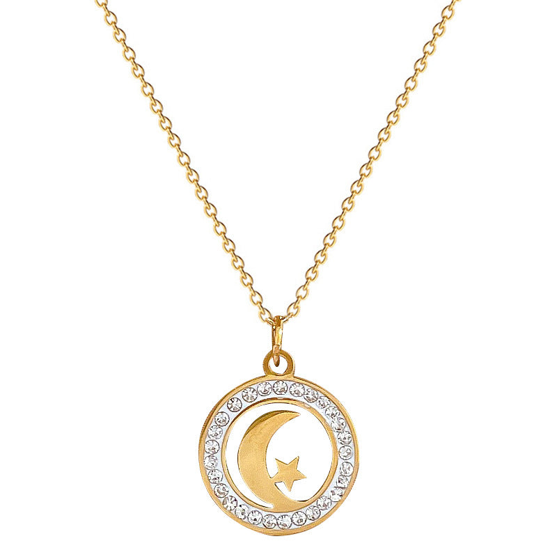 Minimalist Geometric Star and Moon Pendant Necklace in Titanium Steel with Gold Plating for Women and Men