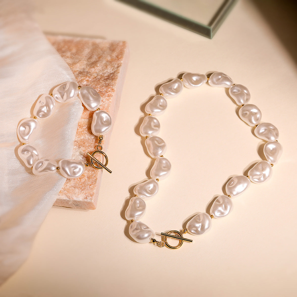 Elegant 18K Gold Plated Stainless Steel Heart Pearl Necklace and Bracelet Set for Women