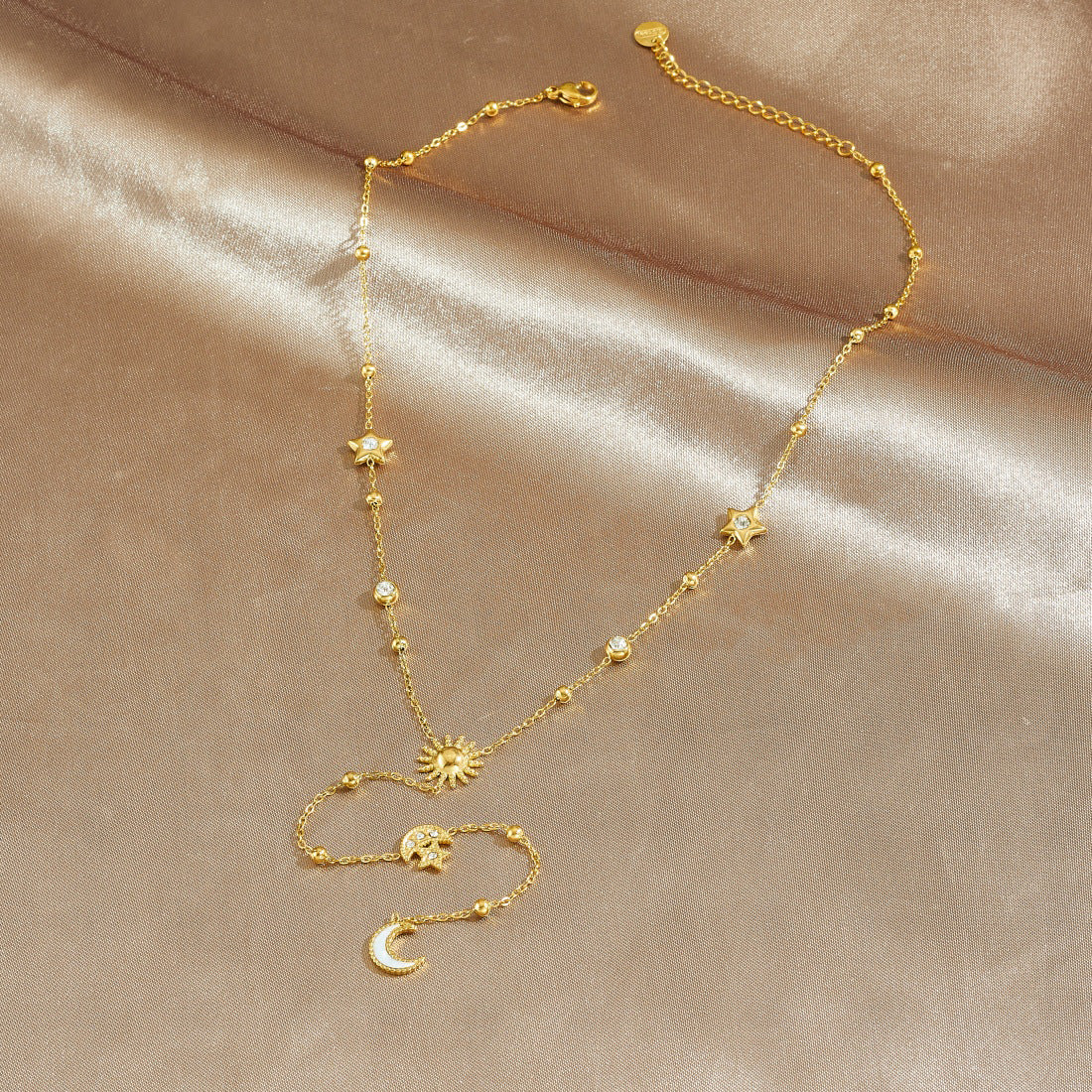 Minimalist Rhinestone Inlaid Stainless Steel Star Moon Sun Pendant Y-Chain Tassel Necklace for Women
