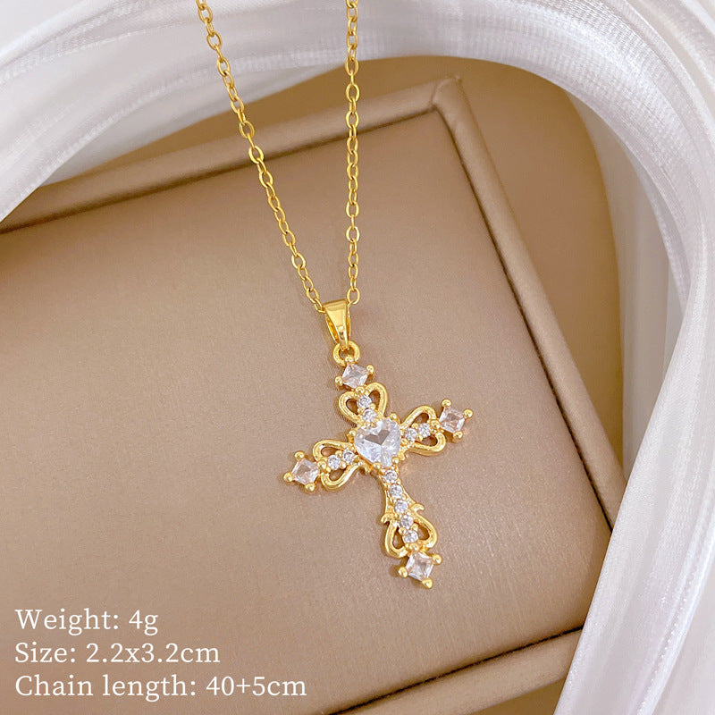 Sweet Hollow Heart Cross Rhinestone Titanium Steel Necklace for Unisex