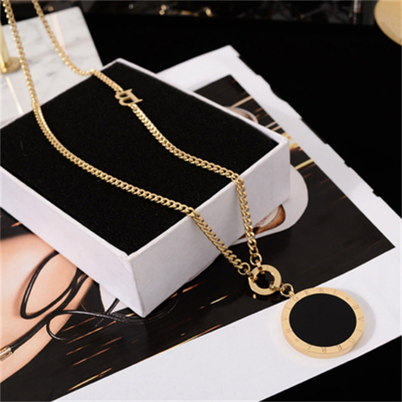 French Vintage Style Geometric Roman Numeral Pendant Titanium Steel Long Necklace for Women and Men, Twist Chain Adjustable Sweater Chain