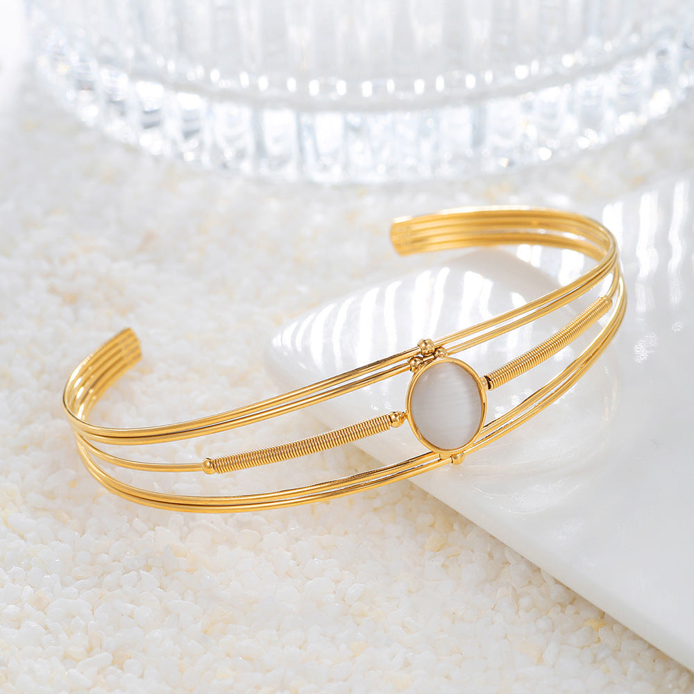 Minimalist Geometric Round Stainless Steel Cuff Bracelet with Gemstone Inlay for Women