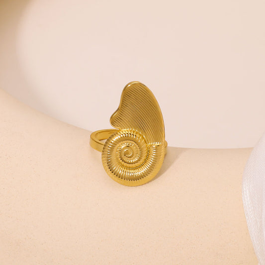 Unique Seashell Wing Shaped Stainless Steel Open Ring with Plating Finish Waterproof Minimalist Unisex Jewelry