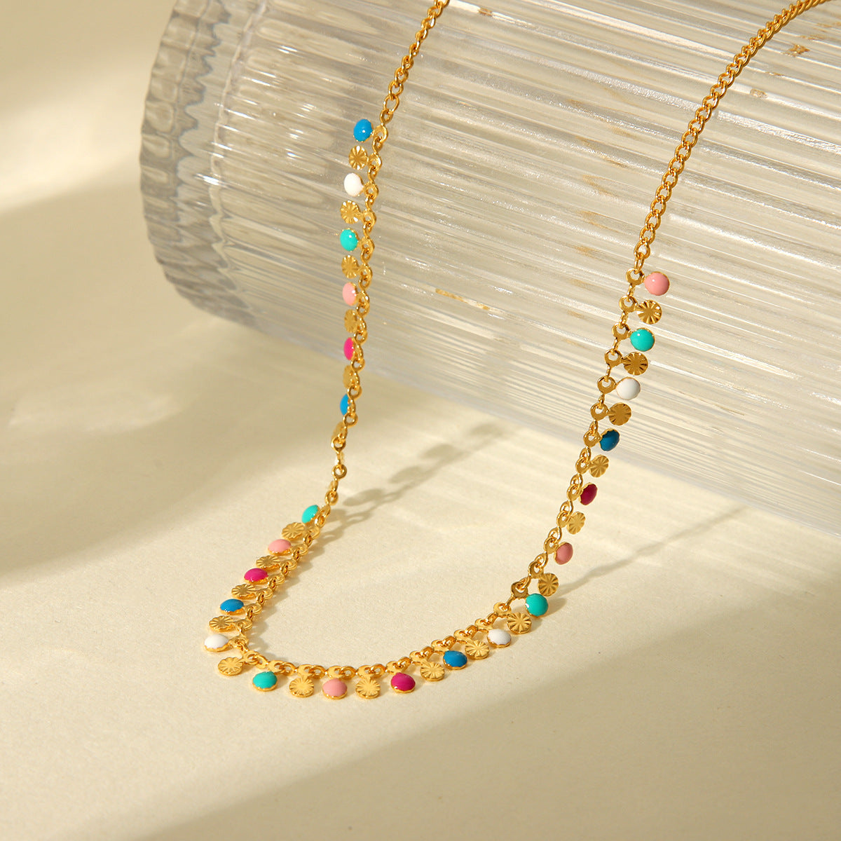 Minimalist Geometric Stainless Steel Clavicle Necklace with Enamel Accents and Tassel Pendant for Women