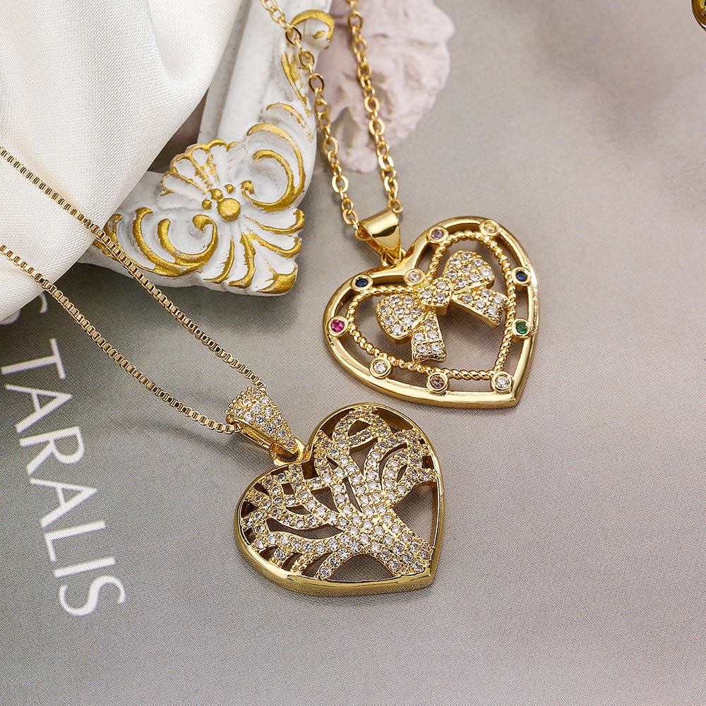 Minimalist Bowknot Tree of Life Heart Pendant Necklace for Women in Copper with Gold Plating and Zircon Inlay