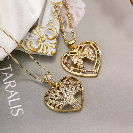 Collana da donna con ciondolo a forma di cuore con Albero della Vita e fiocco, placcato oro su rame con intarsio di zirconi, stile minimalista