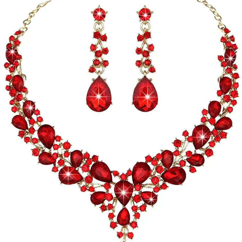 Juego de collar y pendientes de aleación con forma de lágrima estilo natural, con incrustaciones de diamantes de imitación para mujer, cadena corta de clavícula estilo O.