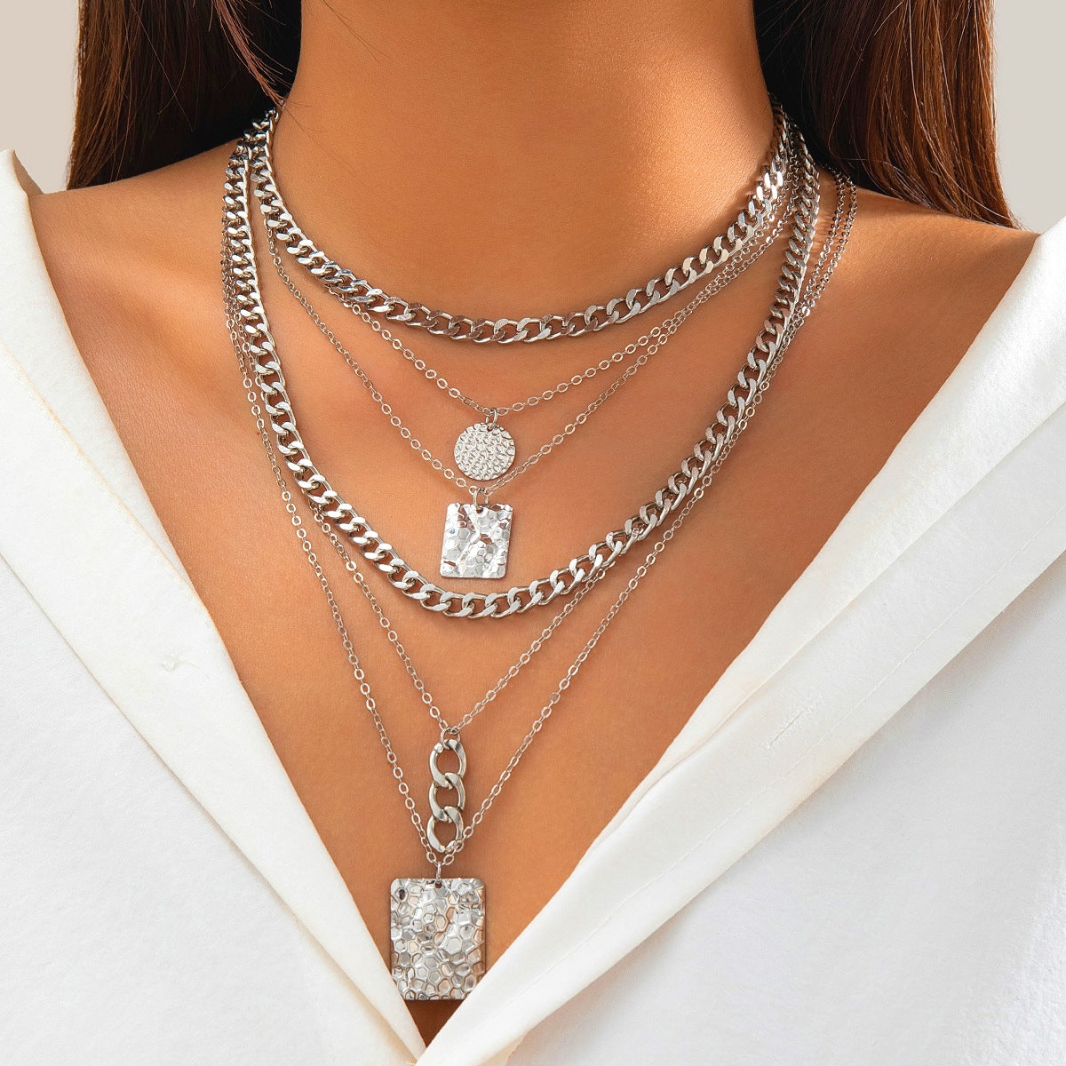 Hip-hop Geometric Square Crystal Pendant Plated Alloy Necklace Singapore Chain Layered Set for Women