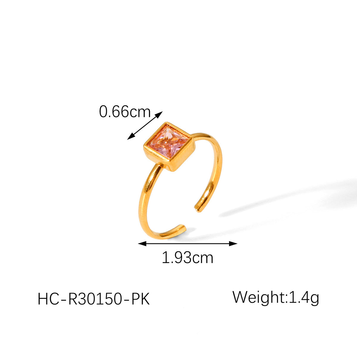 Minimalist Geometric Open Ring for Women in Titanium Steel with 18K Gold Plating and Square Zircon Inlay
