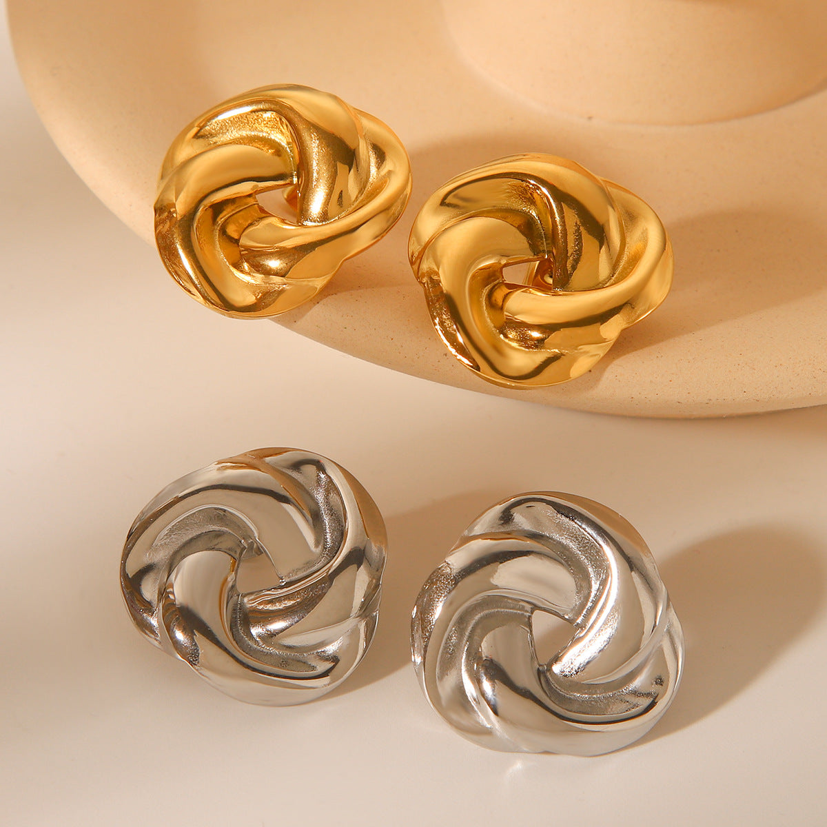Geometric Woven Stainless Steel Ear Studs with 18K Gold Plating for Women