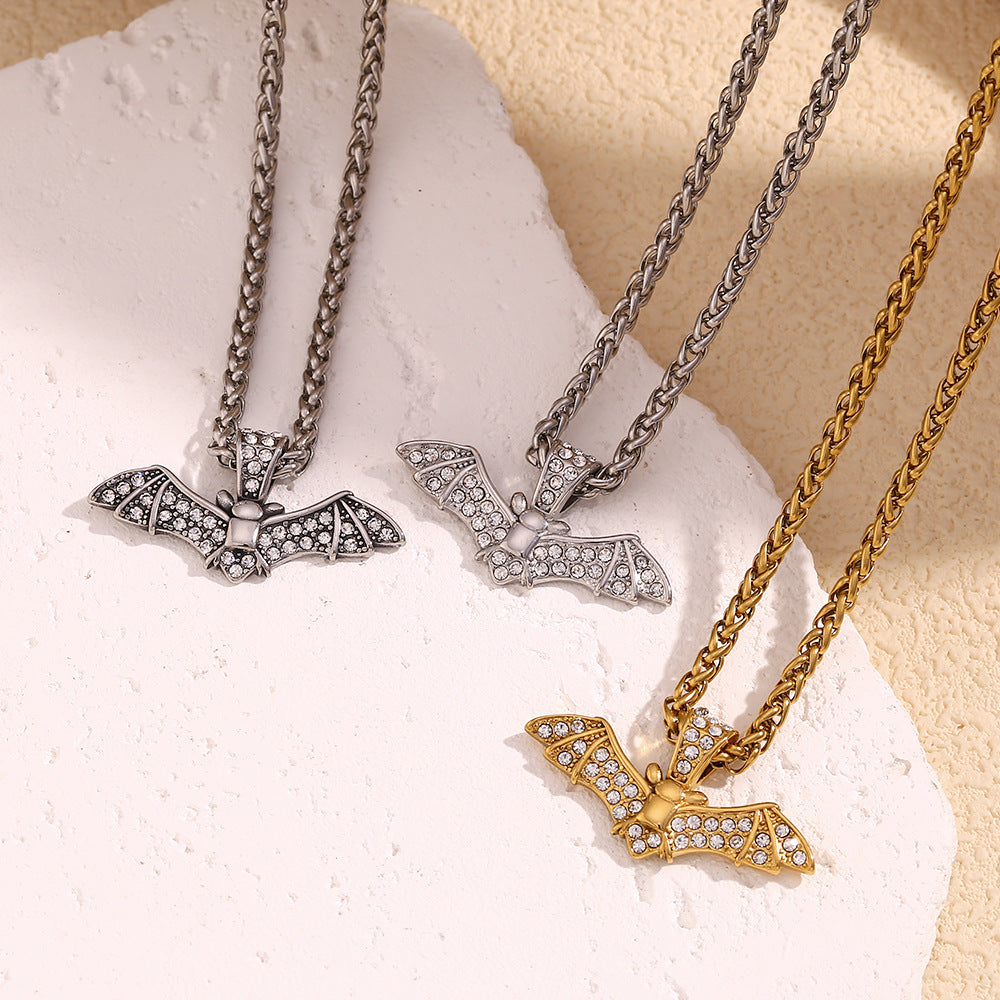 Fashionable Bat-Shaped Pendant Necklace for Women Stainless Steel with 18K Gold Plating and Full Rhinestone Inlay on Standard Chain